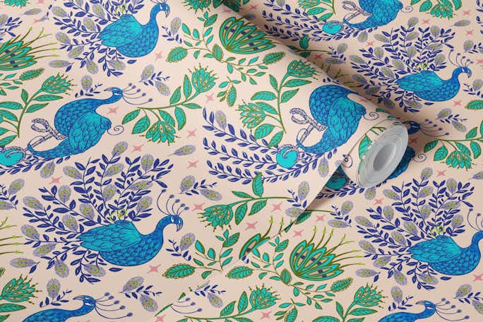 Blue peacocks in a persian garden pinkwallpaper roll
