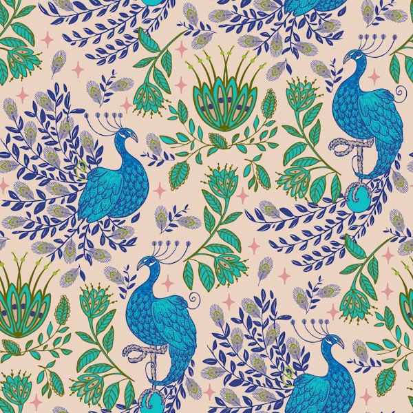 Hand-drawn pastel peacock garden