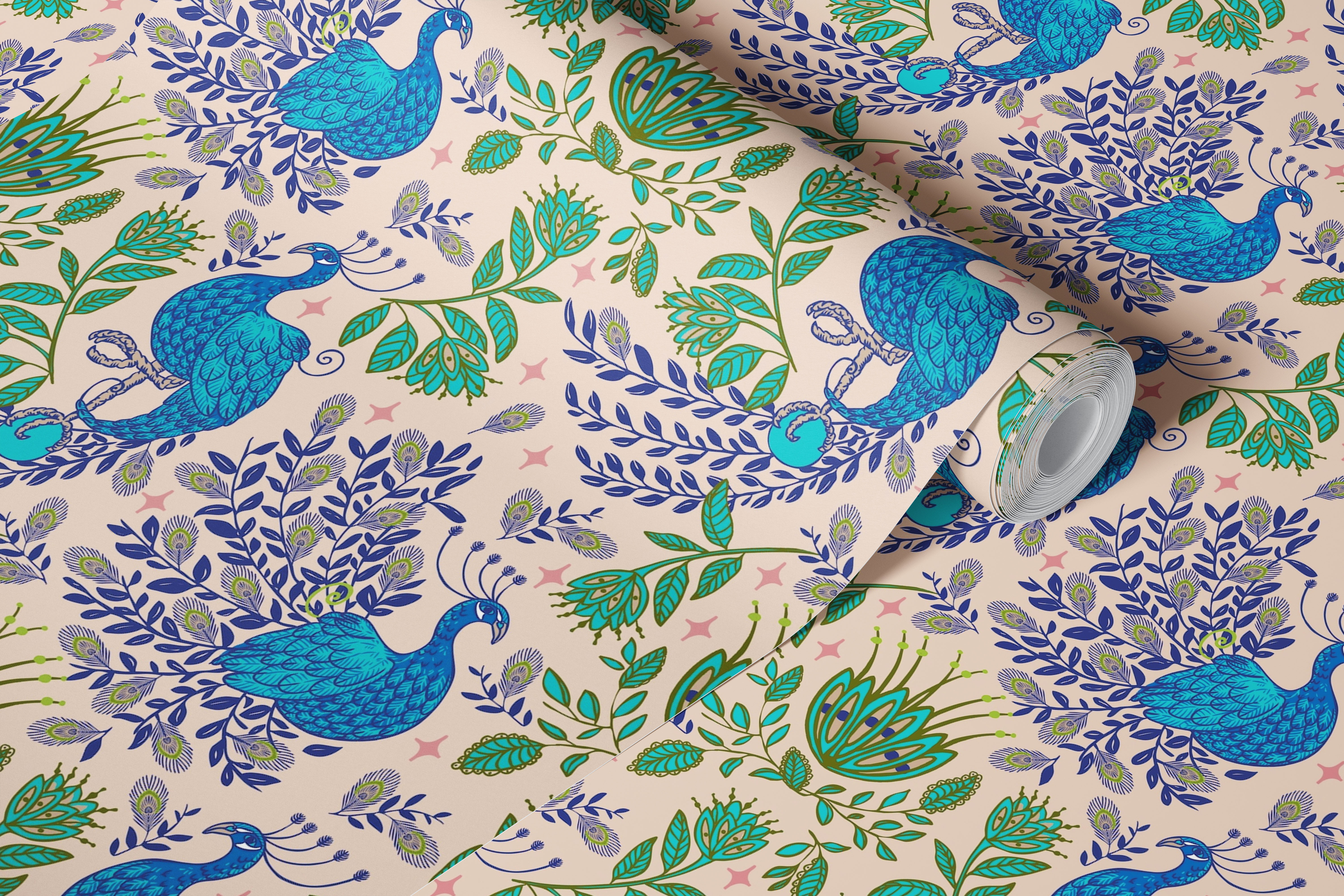 Blue peacocks with green foliage on a pink background wall mural