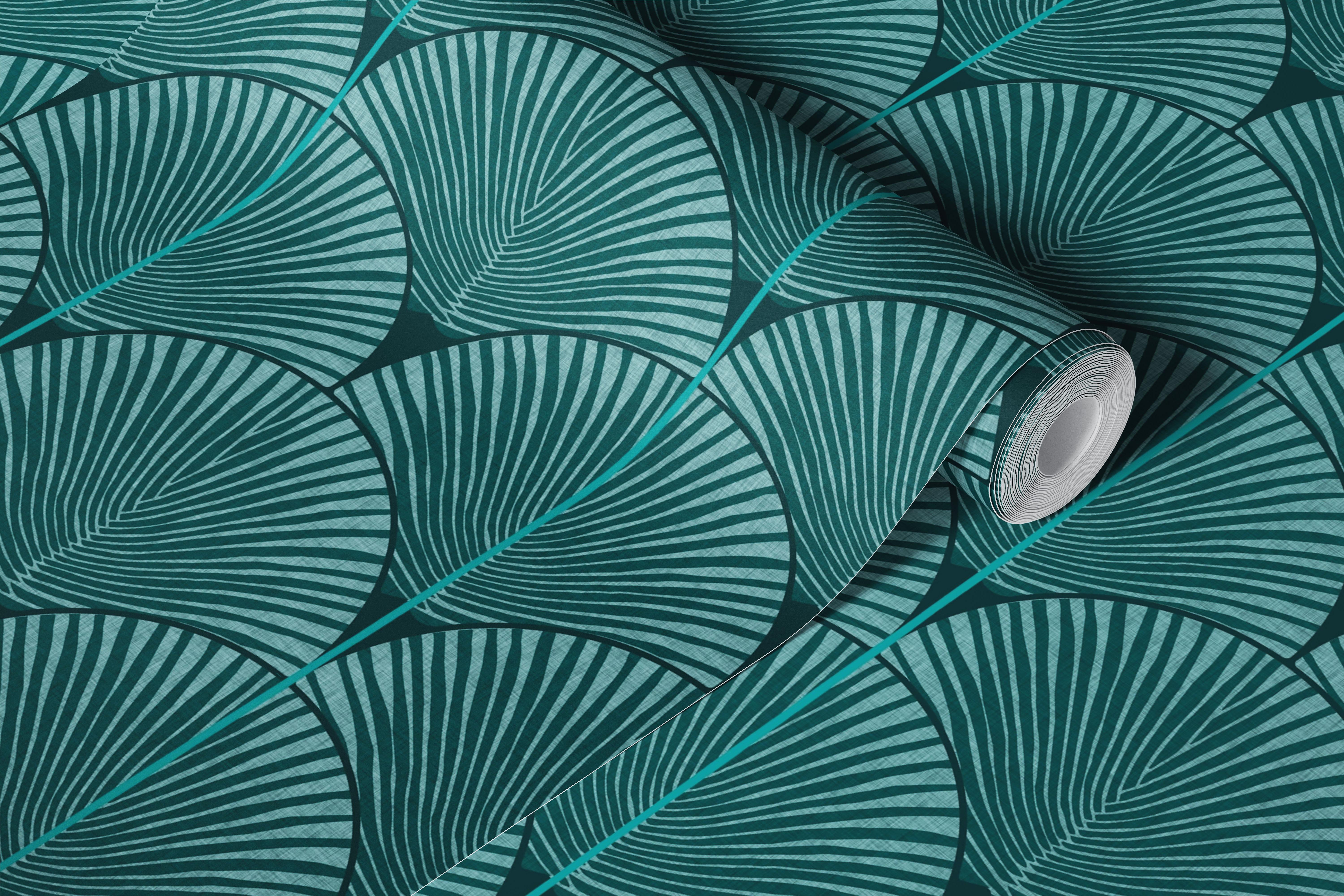 Teal palm leaf pattern with curved shapes and lines wallpaper