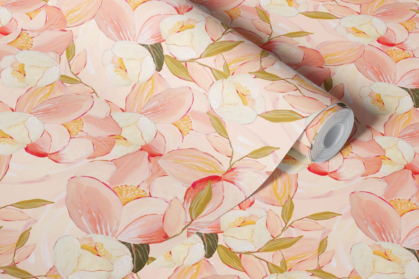 Painted flowers in blush pink wallpaper roll