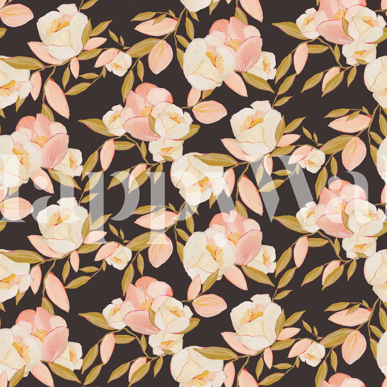 Moody floral wallpaper with pink flowers and green leaves on dark background