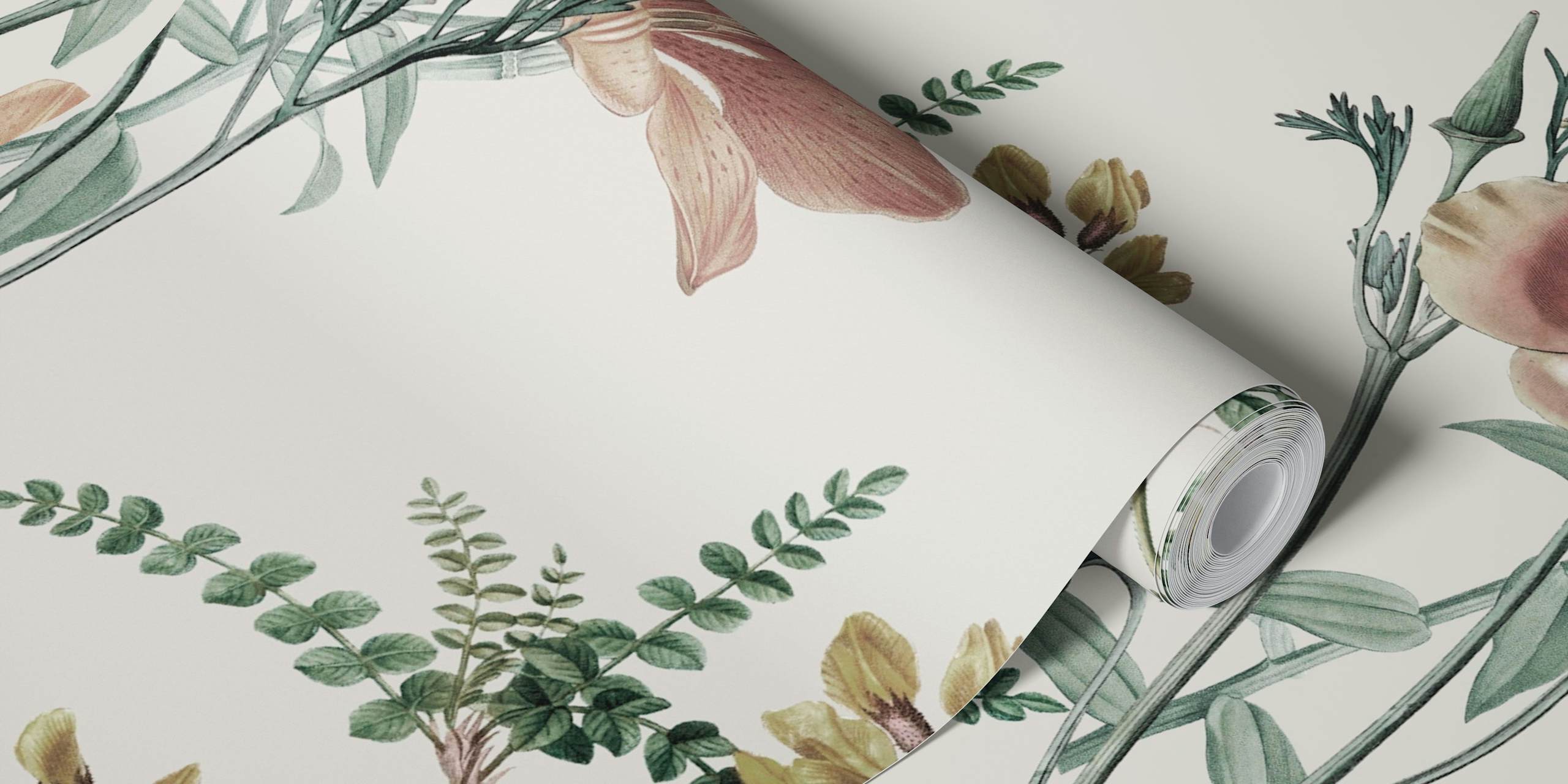 Pastelltonet villblomster og grønt veggmaleri for hjemmeinnredning