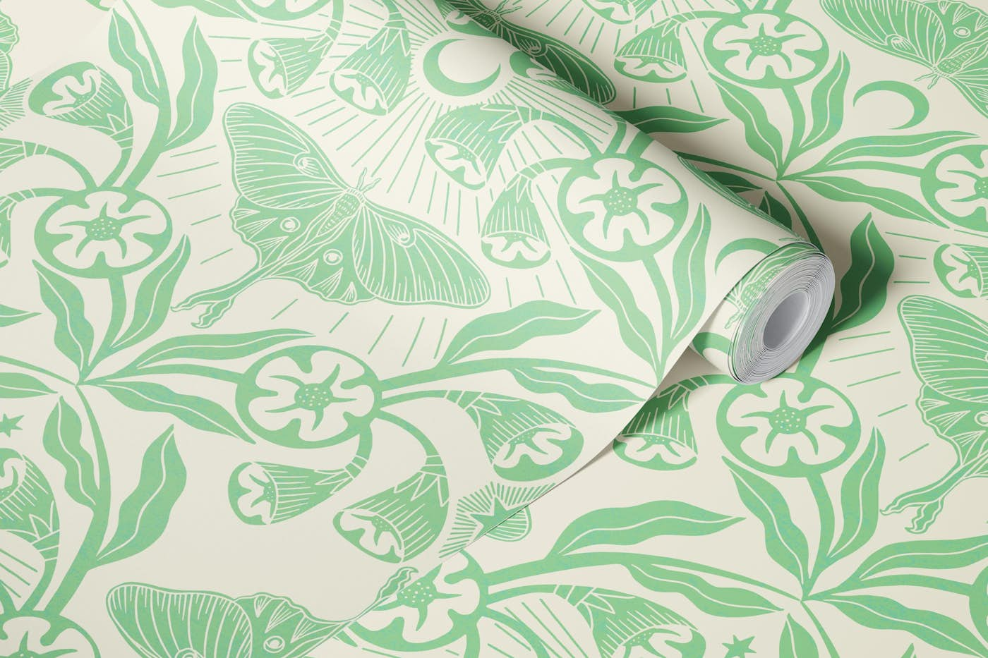 Luna Moth and Moonflowers in Green wallpaper roll