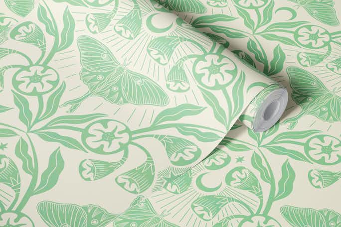 Luna Moth and Moonflowers in Greenwallpaper roll