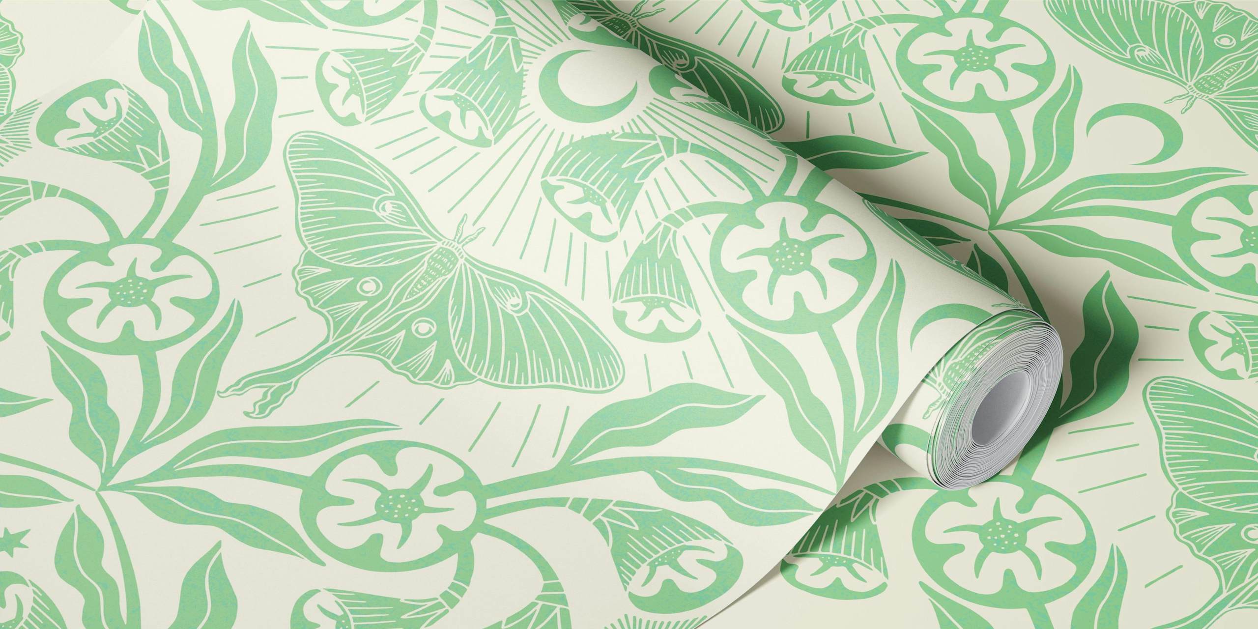 Luna moth and moonflowers in green floral wallpaper