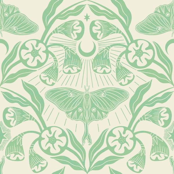 Luna Moth and Moonflowers in Green