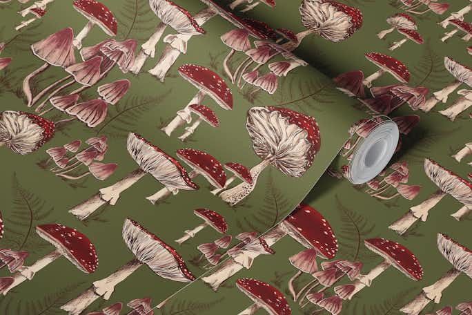 Mystical Fly Agaric Grove in Greenwallpaper roll