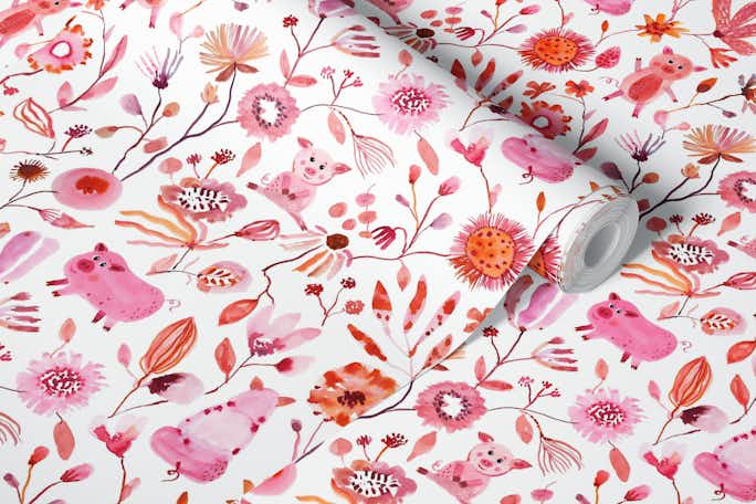 Little Pigs and Floralswallpaper roll