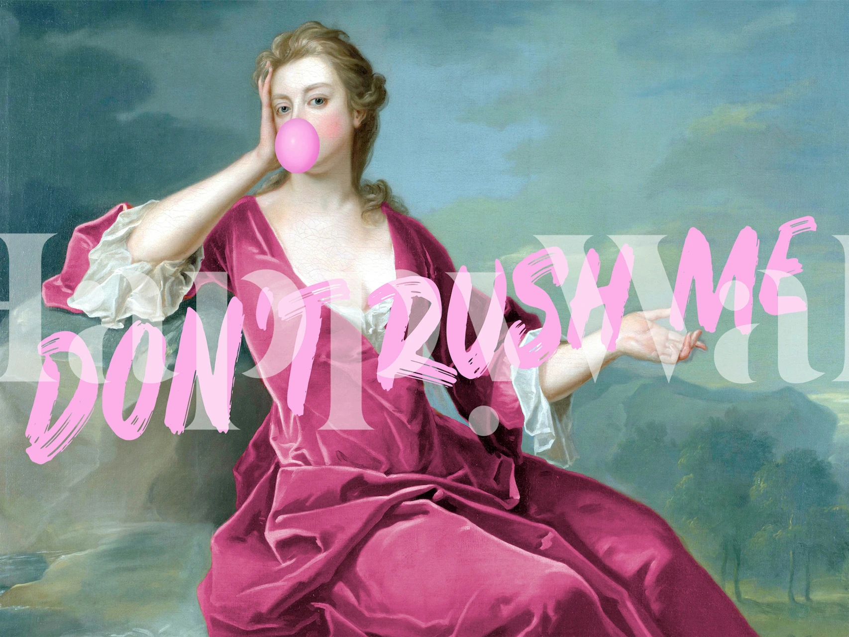 Classic portrait with pink dress, bubblegum, and text, vintage wallpaper