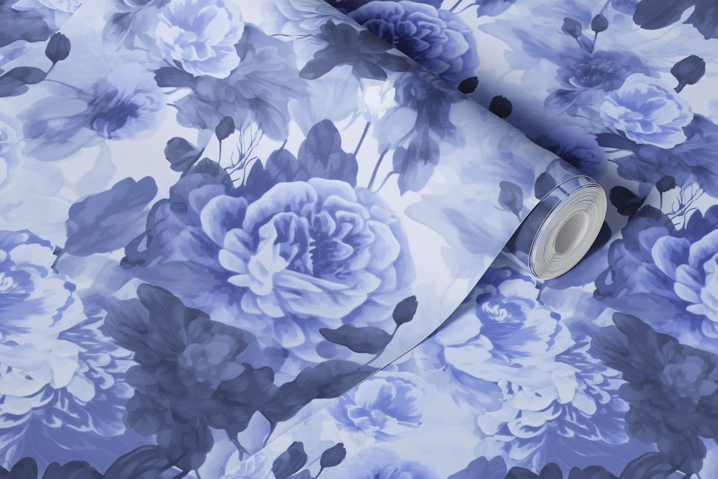 Baroque Roses Floral Nostalgia Design In Moody Colors Blue wallpaper roll