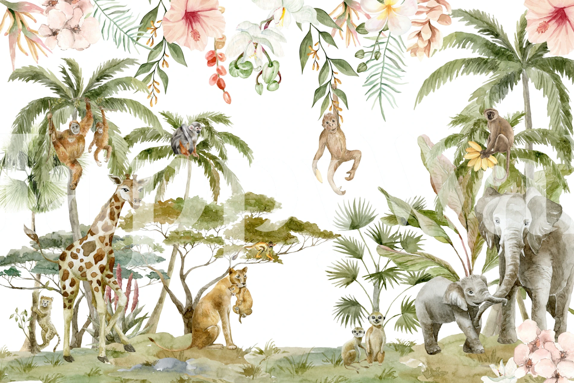 Giraffe, elephants, and tropical leaves in a colorful wallpaper design