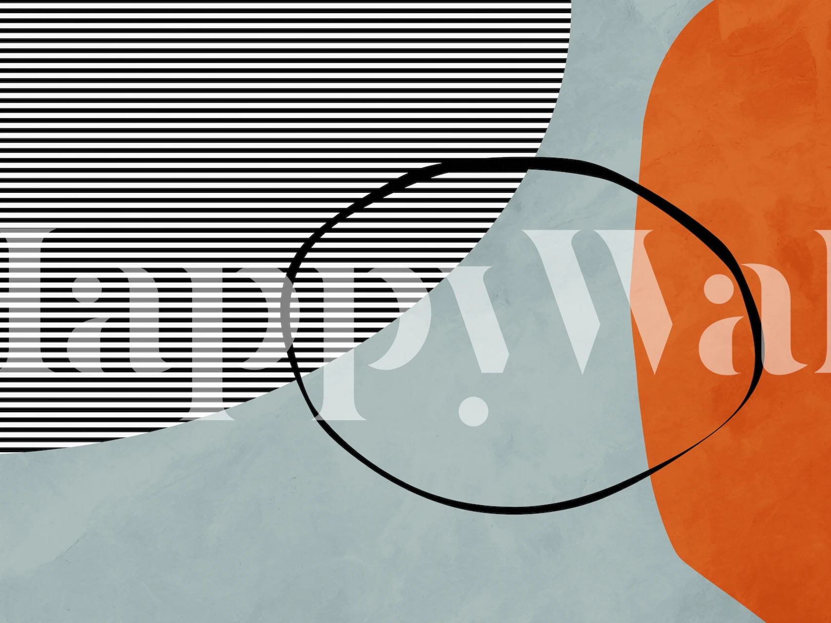 Contemporary abstract wall mural with orange, black, and striped geometric shapes on a pastel blue background