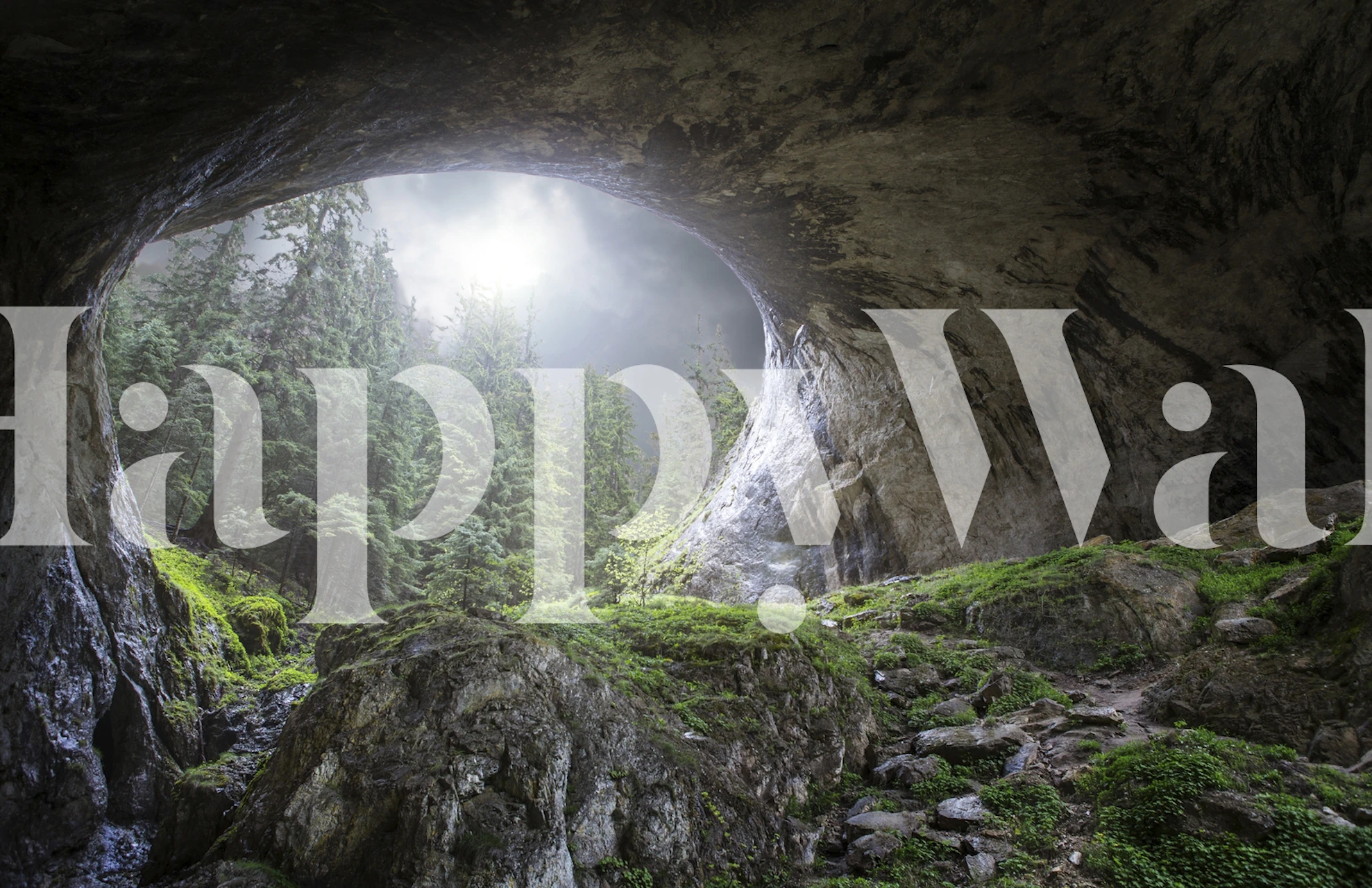 Mystischer höhleneingang mit sonnenlicht und grün Fototapete