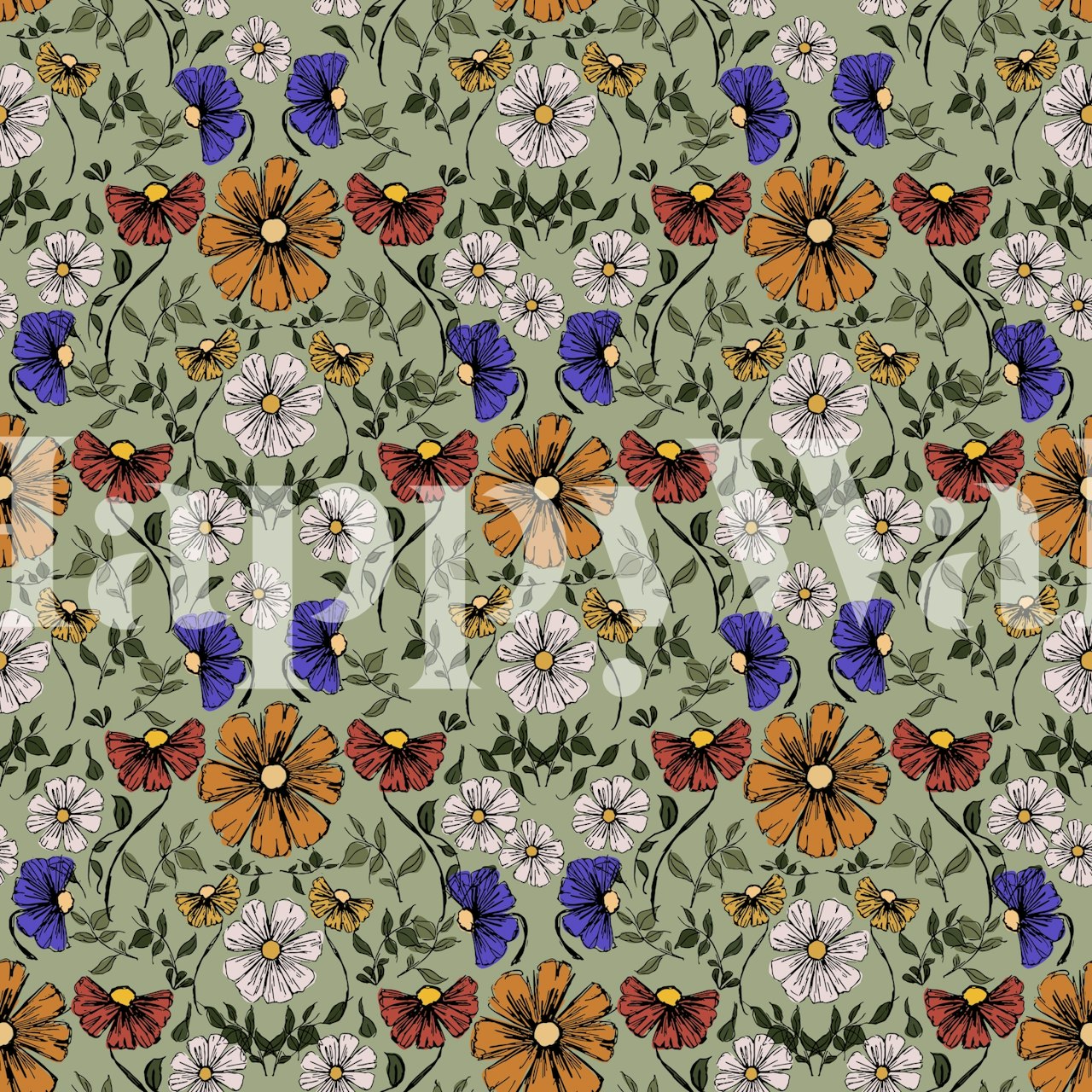 Floral pattern with orange, purple, and white flowers and butterflies on green background wallpaper.