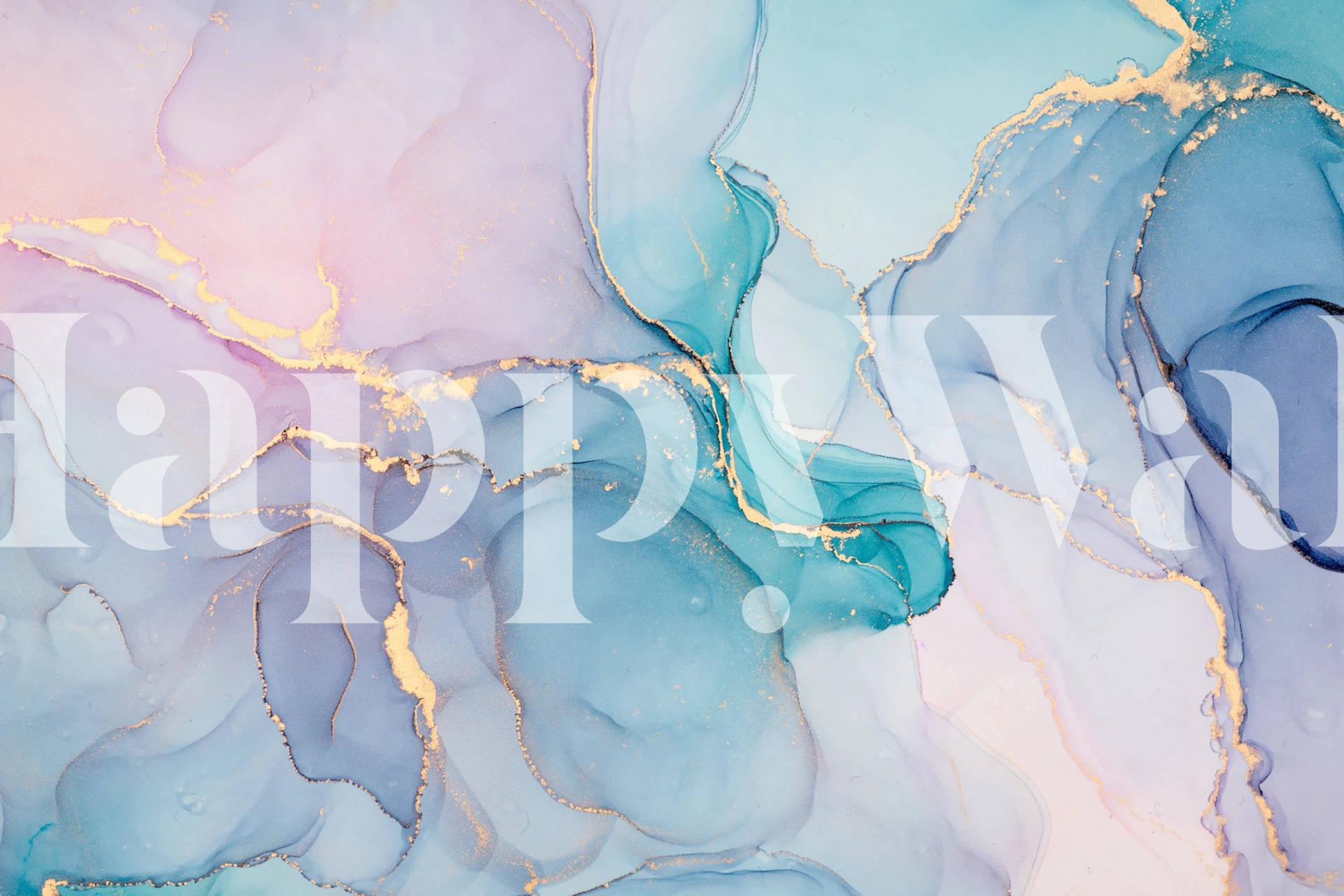 Blue and pink fluid abstract design with gold accents wallpaper