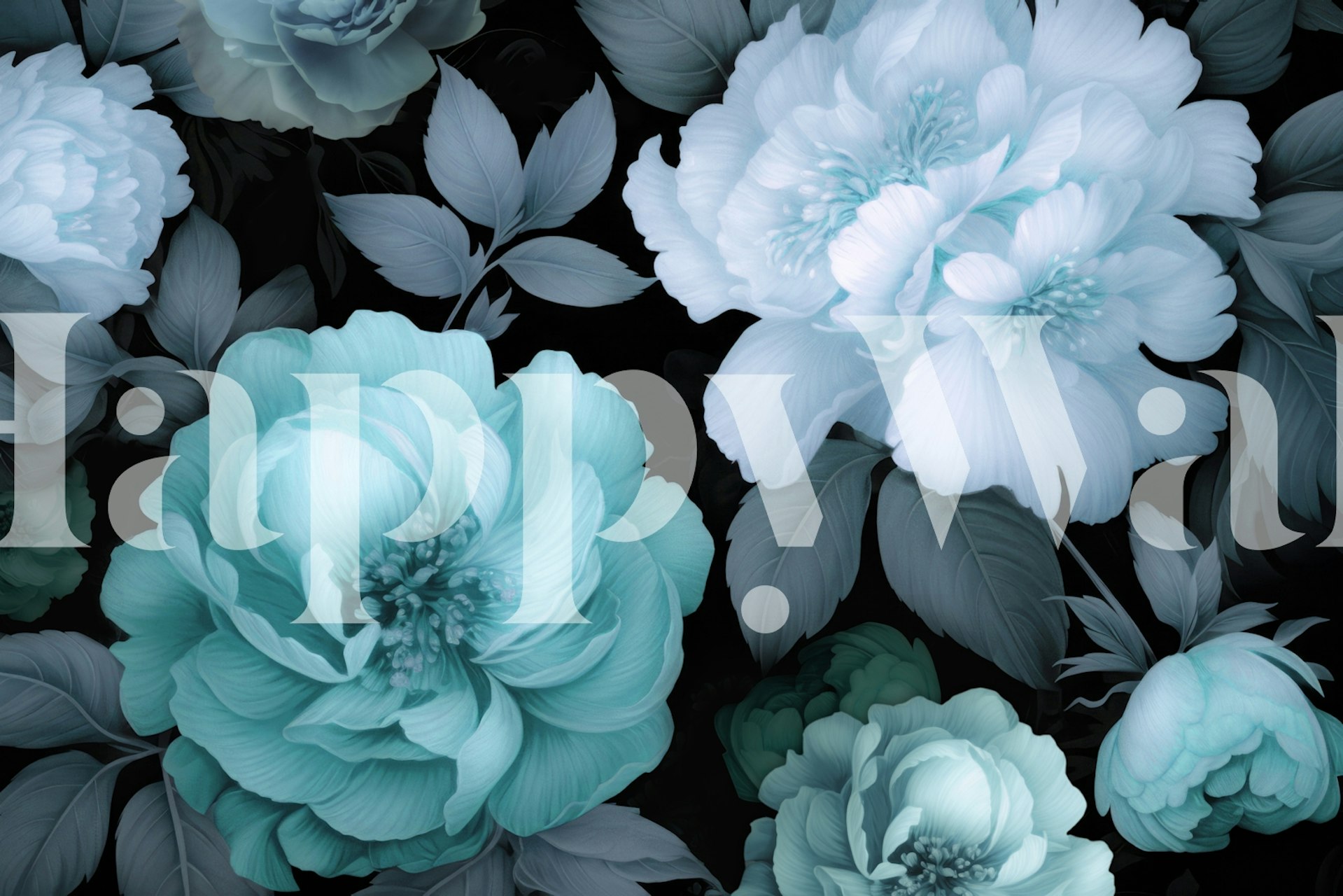 Weelderige barokke bloemenmuurschildering met stemmige botanische kunst in blauw- en blauwgroen tinten