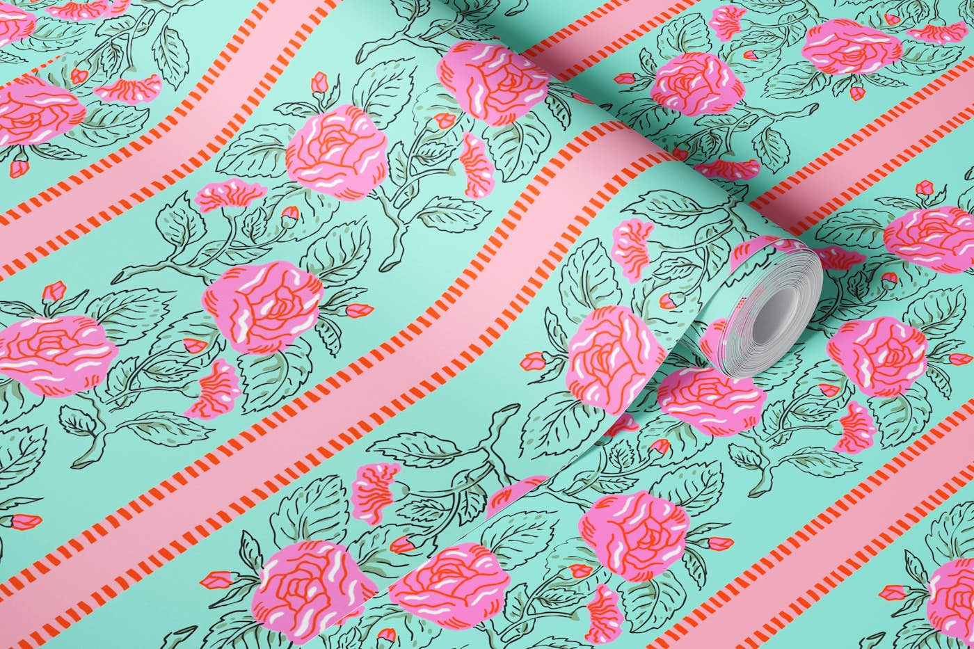 Grandmillennial roses pink mint wallpaper roll