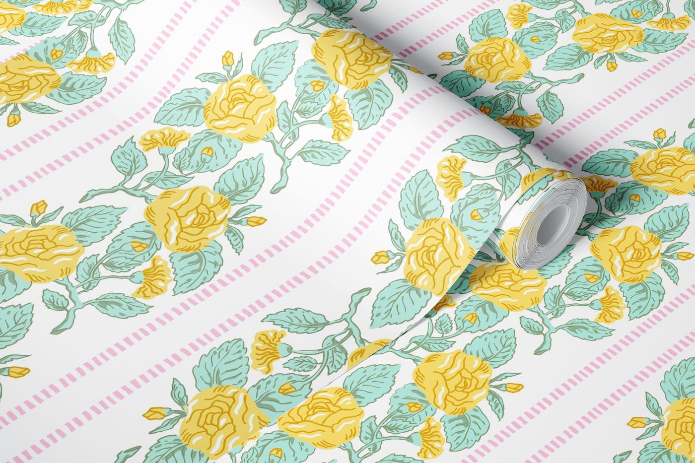 Shabby chic yellow roses white wallpaper roll