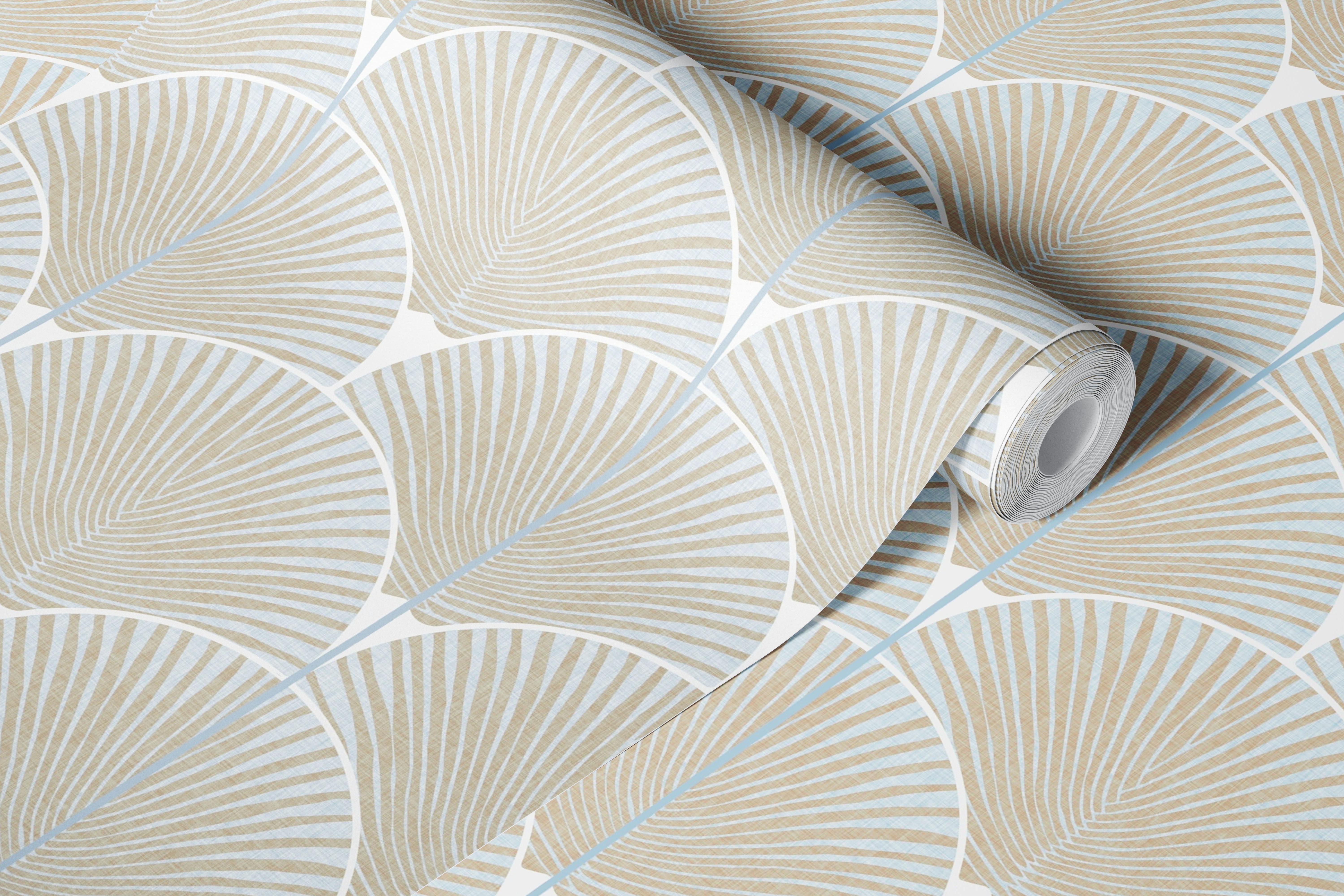 Palm leaf pattern in neutral colors and light blue background wallpaper