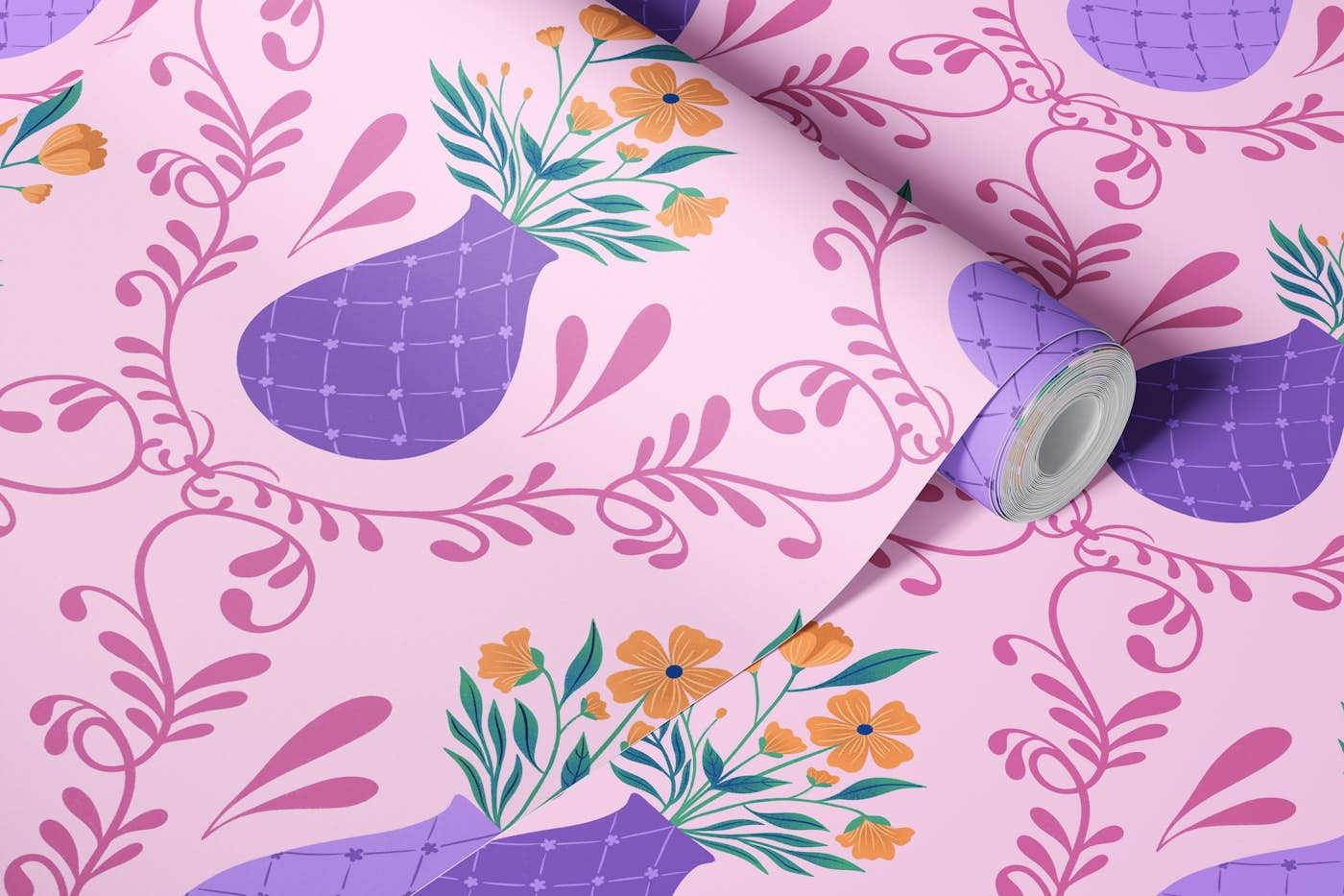 French Country Floral on Pink wallpaper roll