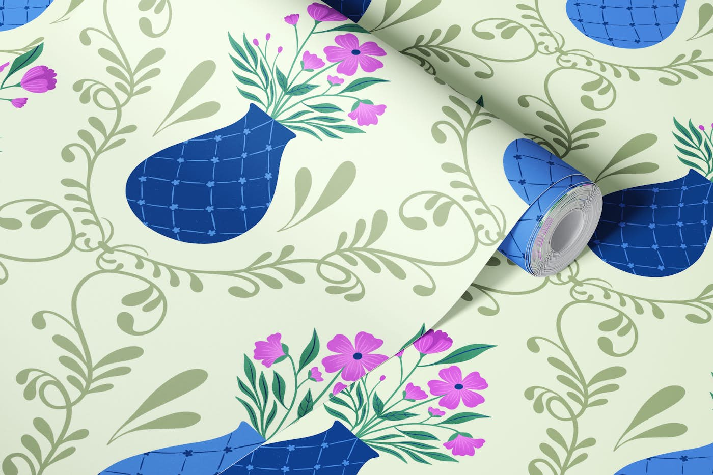 French Country Florals on Sage Green wallpaper roll