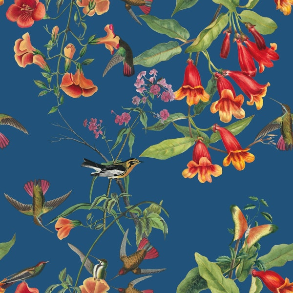 Hummingbird and Flowers Blue Background