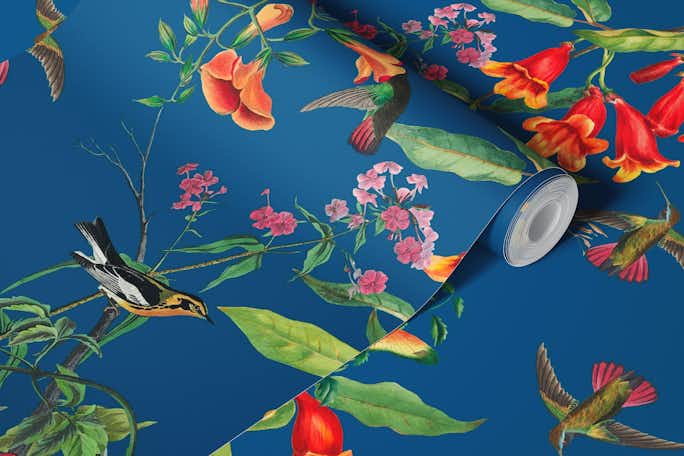 Hummingbird and Flowers Blue Backgroundwallpaper roll