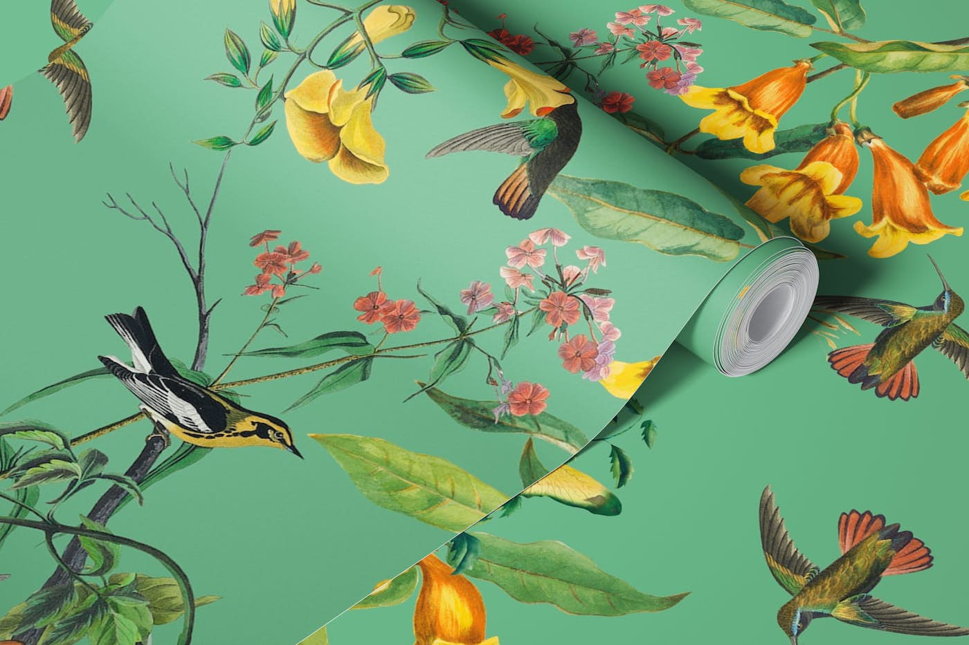 Hummingbirds and Flowers Green Background wallpaper roll