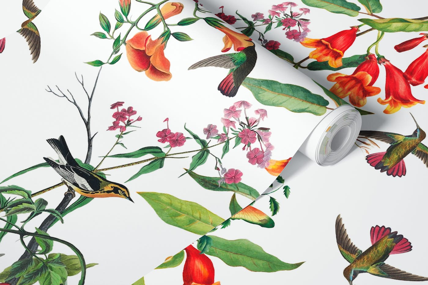 Hummingbirds and Flowers Pattern wallpaper roll