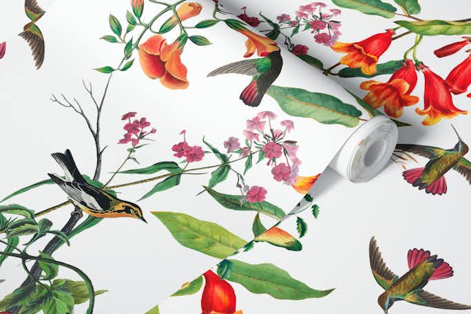 Hummingbirds and Flowers Patternwallpaper roll