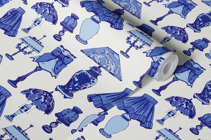 Ornamental lamps and lampshades for kitchen blue delft on white smokewallpaper roll