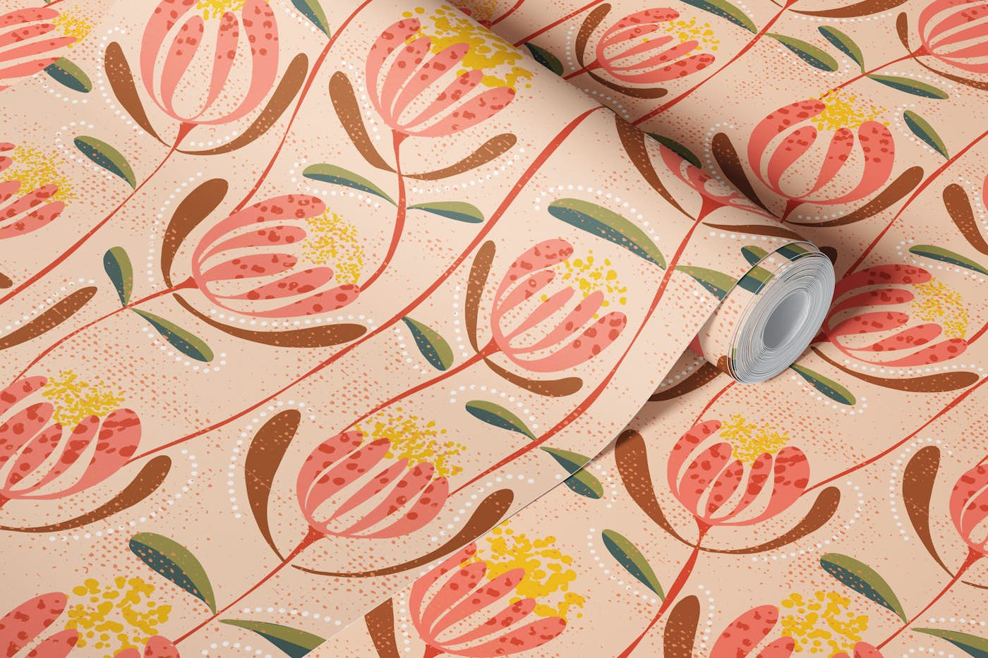 Floating skandi flowers peachy shades wallpaper roll