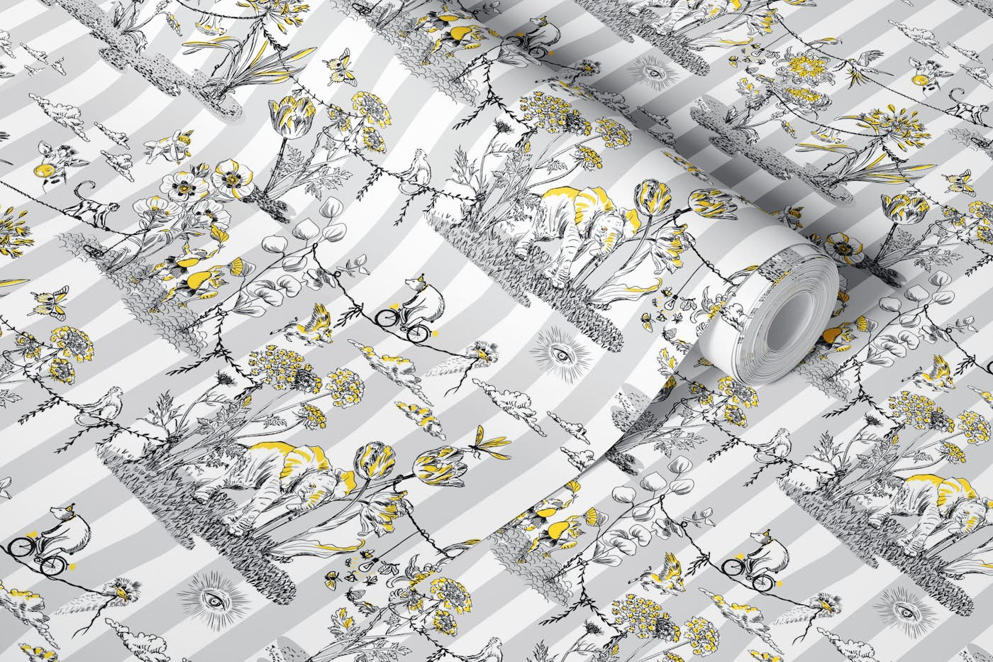 Whimsical Jungel Party light gray lemon yellow - S wallpaper roll