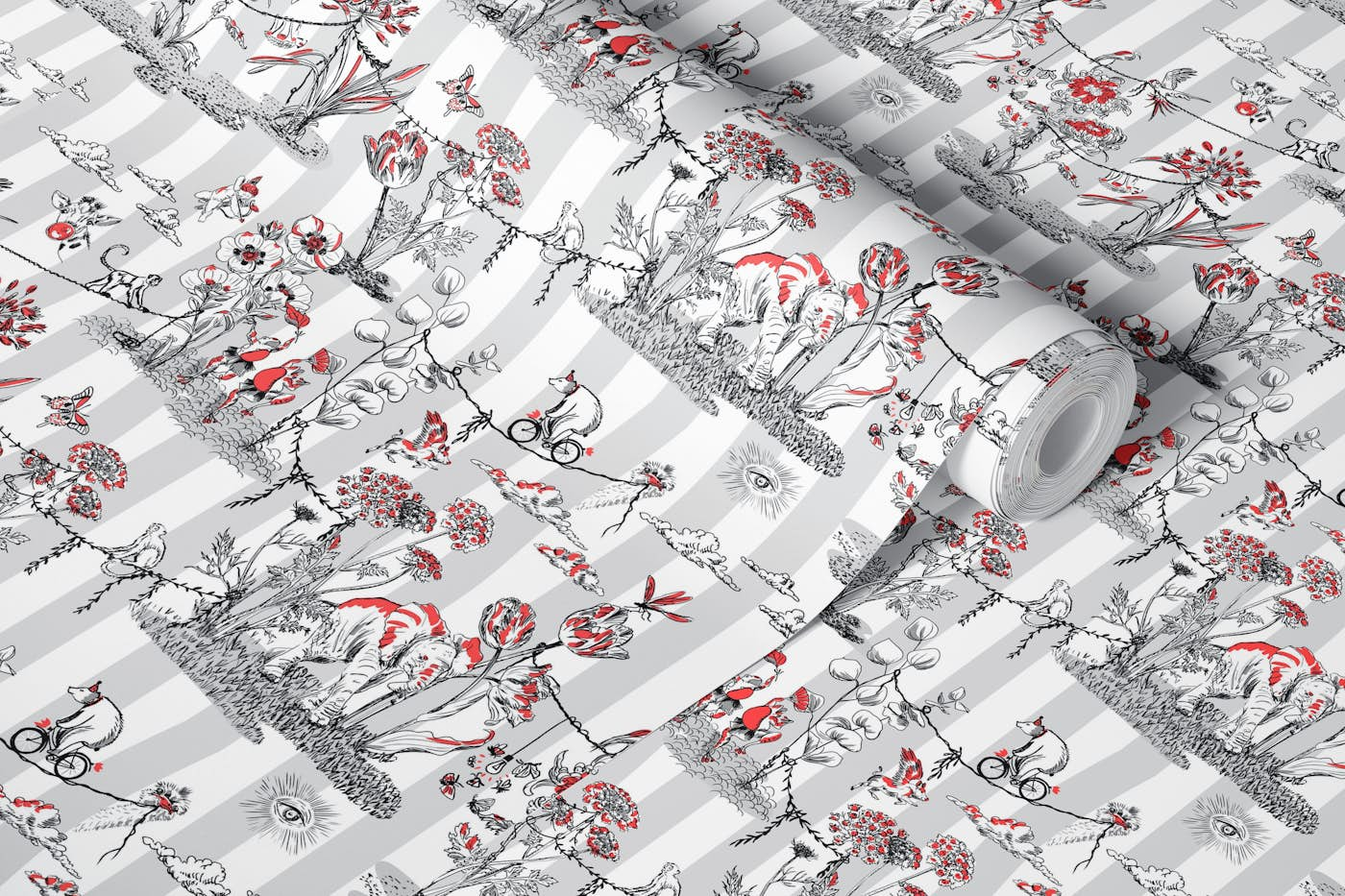 Whimsical Jungel Party light gray raspberry red - S wallpaper roll