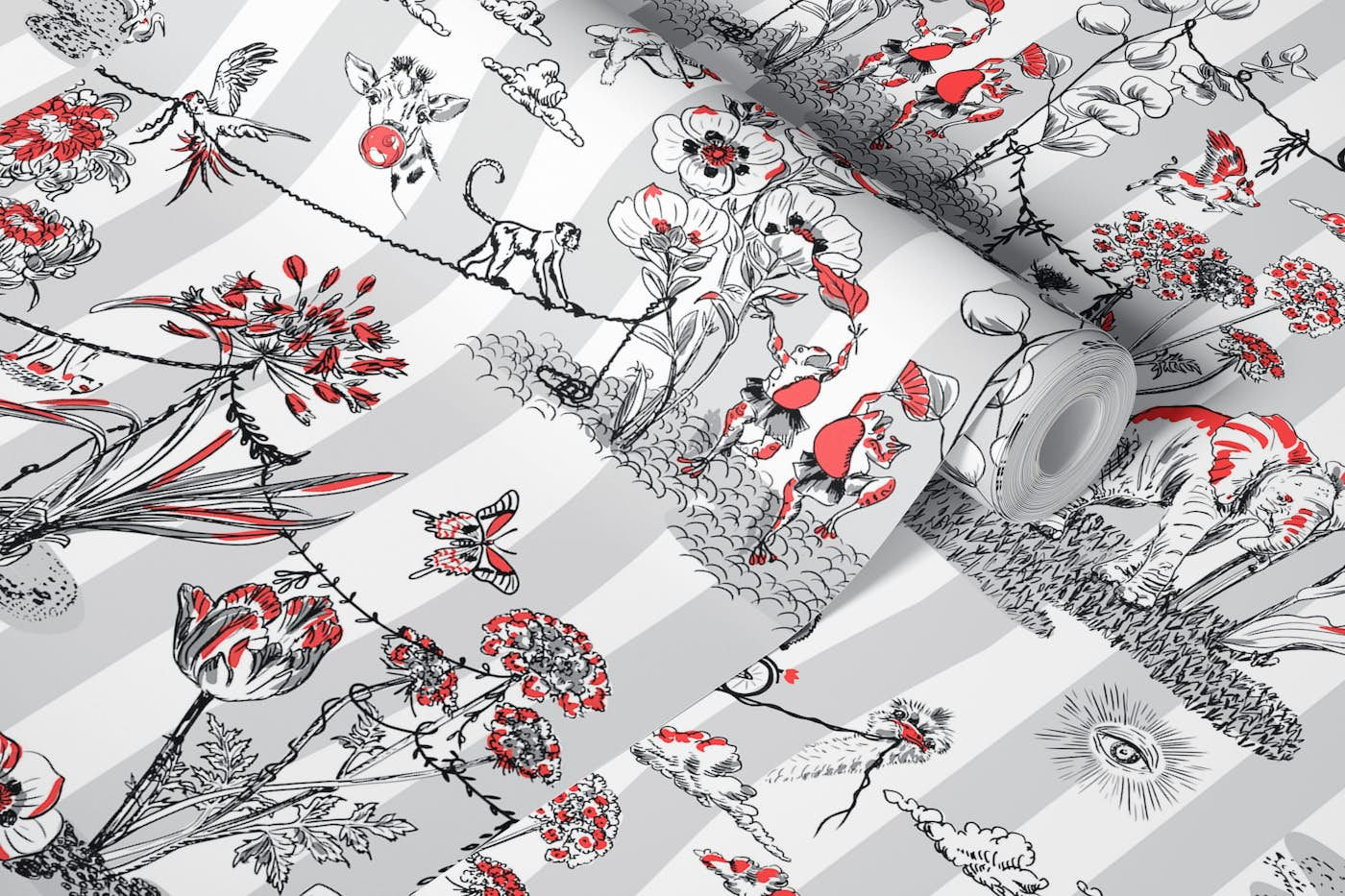 Whimsical Jungel Party light gray raspberry red - L wallpaper roll