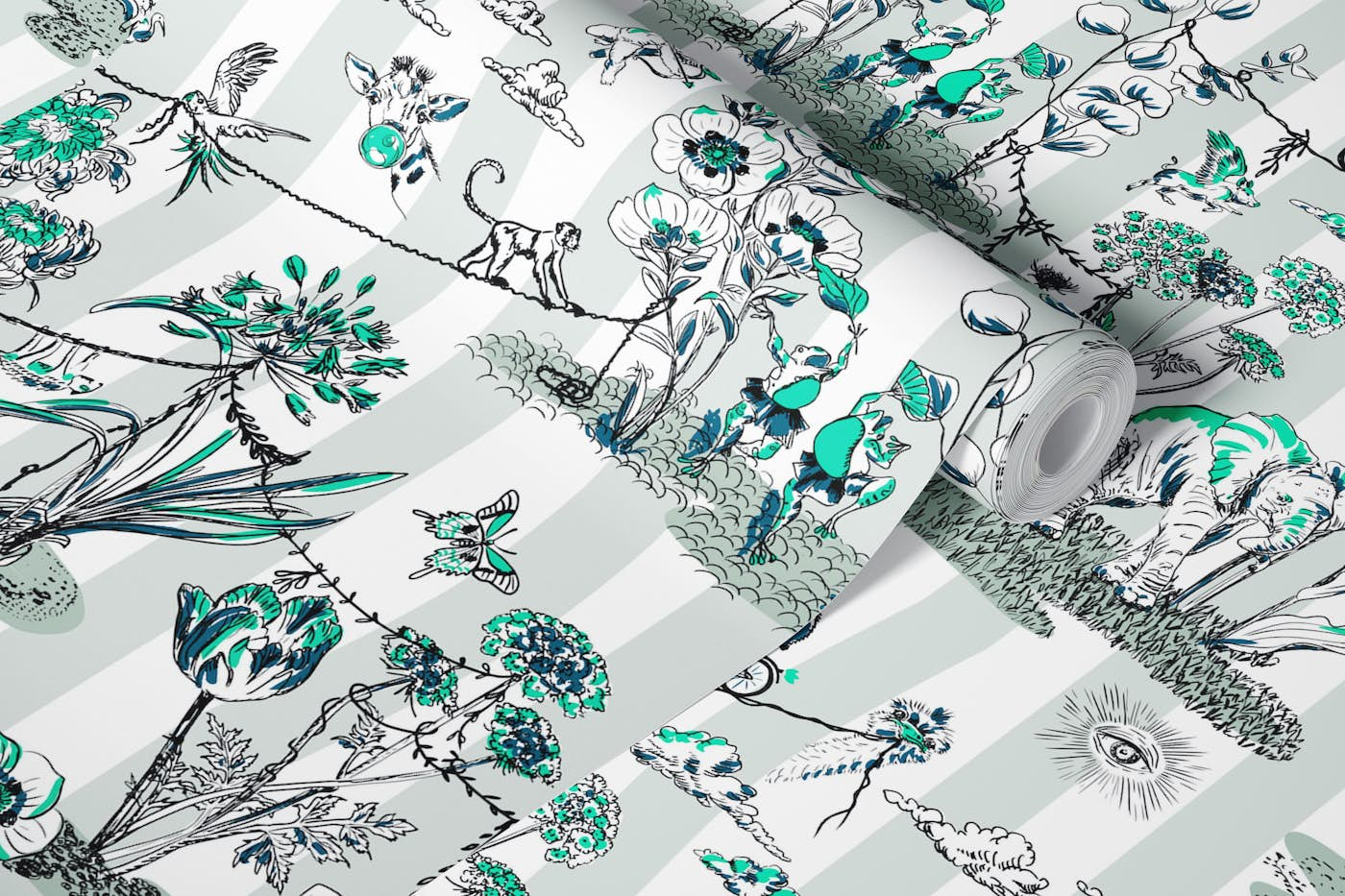 Whimsical Jungel Party water blue turquoise - L wallpaper roll