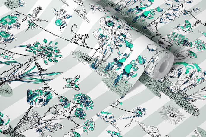 Whimsical Jungel Party water blue turquoise - Lwallpaper roll