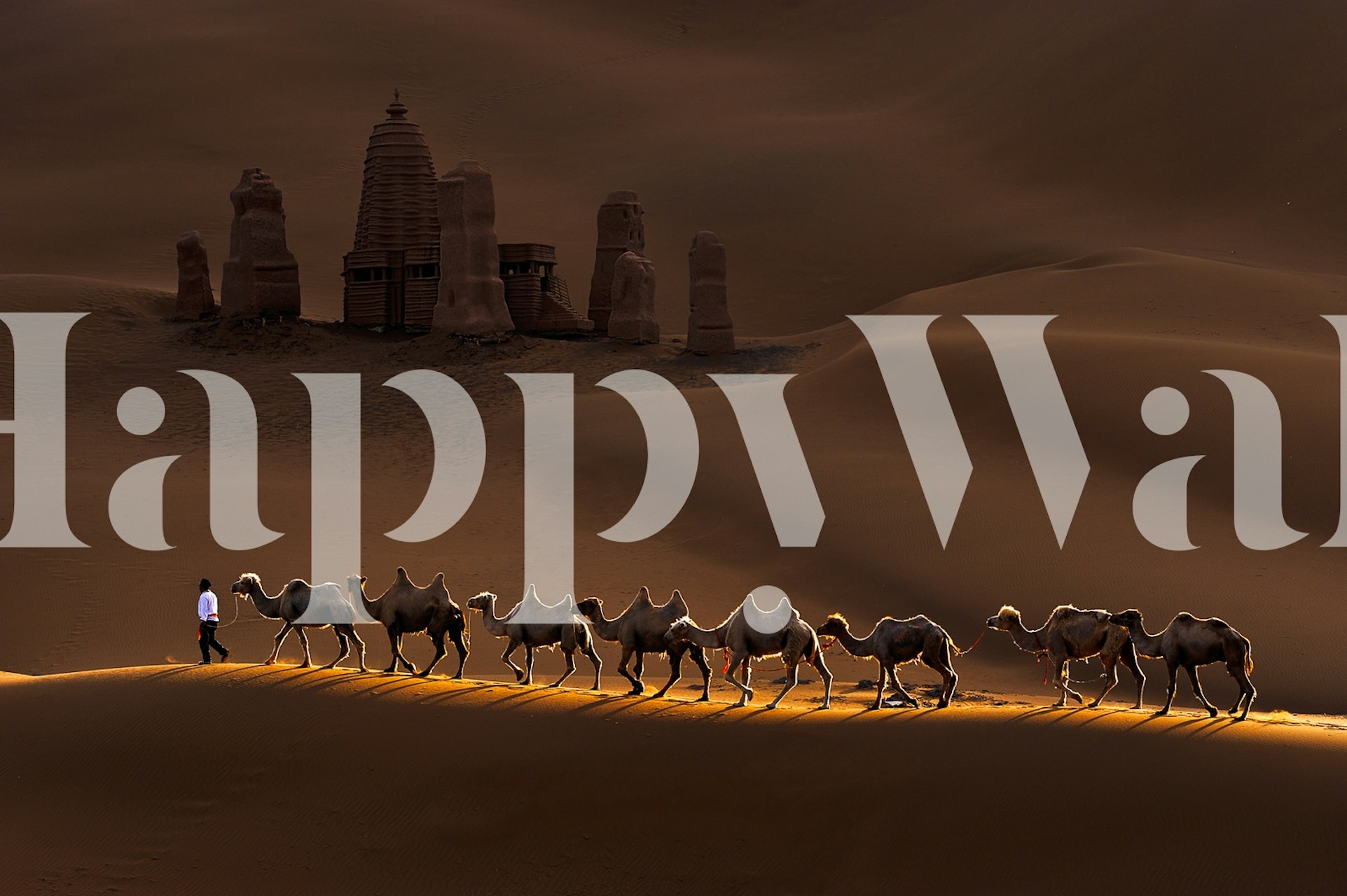 Caravan of camels walking in the desert with a castle silhouette in the background during twilight.