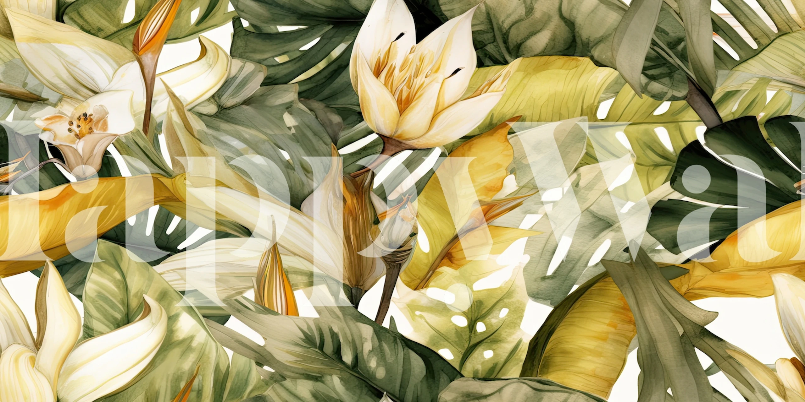 Tropical floral wallpaper with green leaves and white flowers