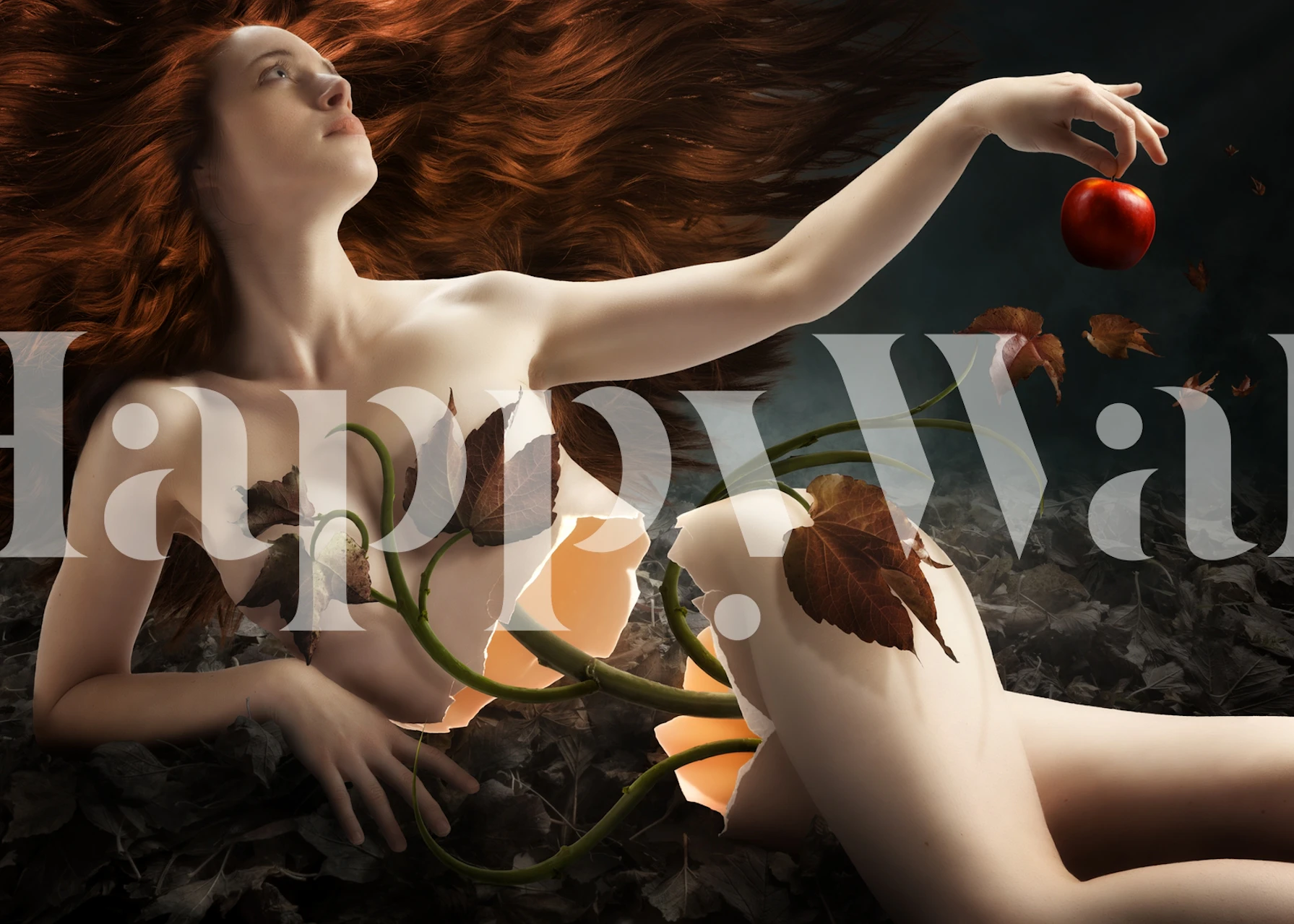 Wall mural of Eve in an enchanted garden with a dark backdrop and a symbolic apple