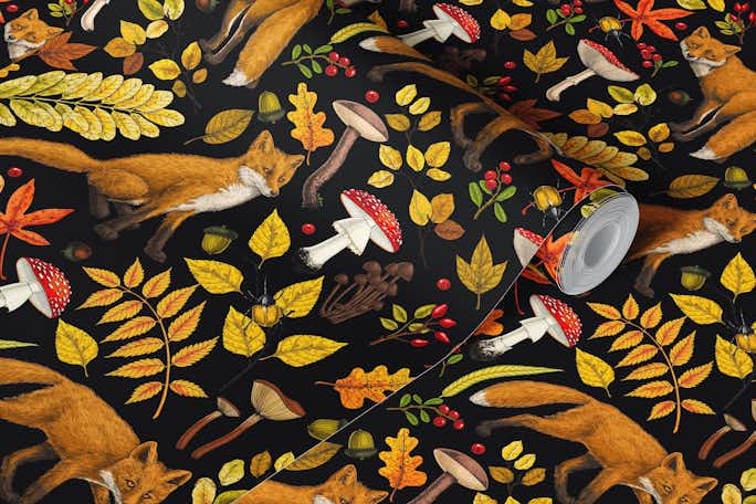 Autumn foxes on blackwallpaper roll