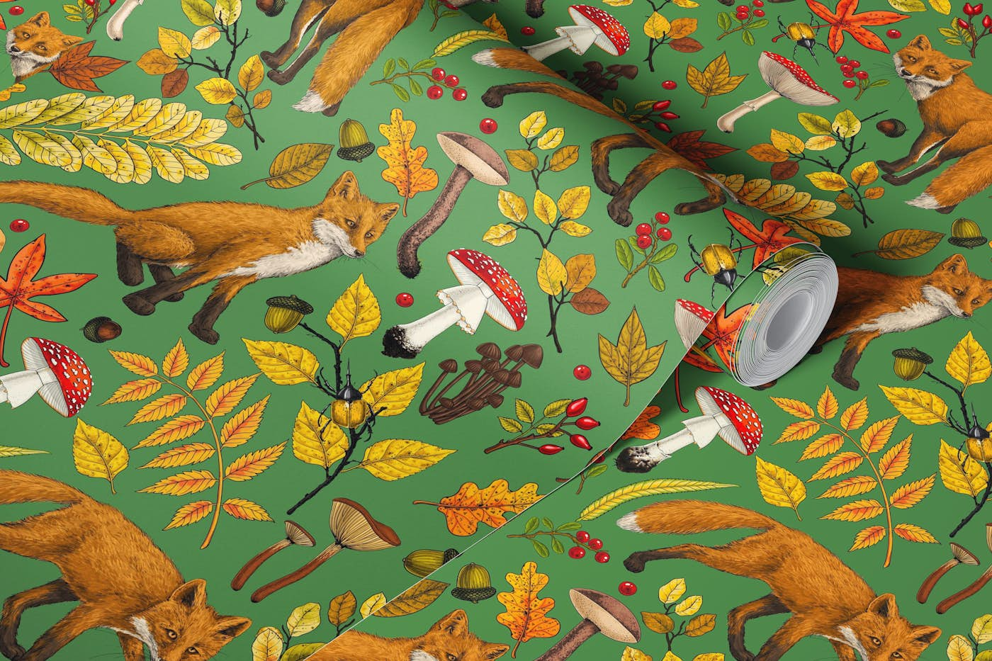 Autumn foxes on kelly green wallpaper roll