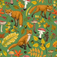 Autumn foxes on kelly green wallpaper