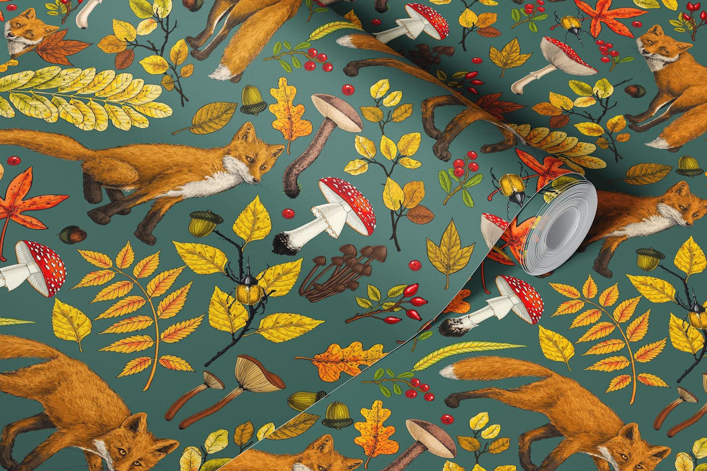 Autumn foxes on pine green wallpaper roll