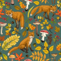 Autumn foxes on pine green wallpaper