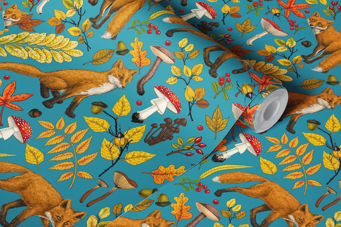 Autumn foxes on blue wallpaper roll