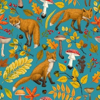 Autumn foxes on blue wallpaper