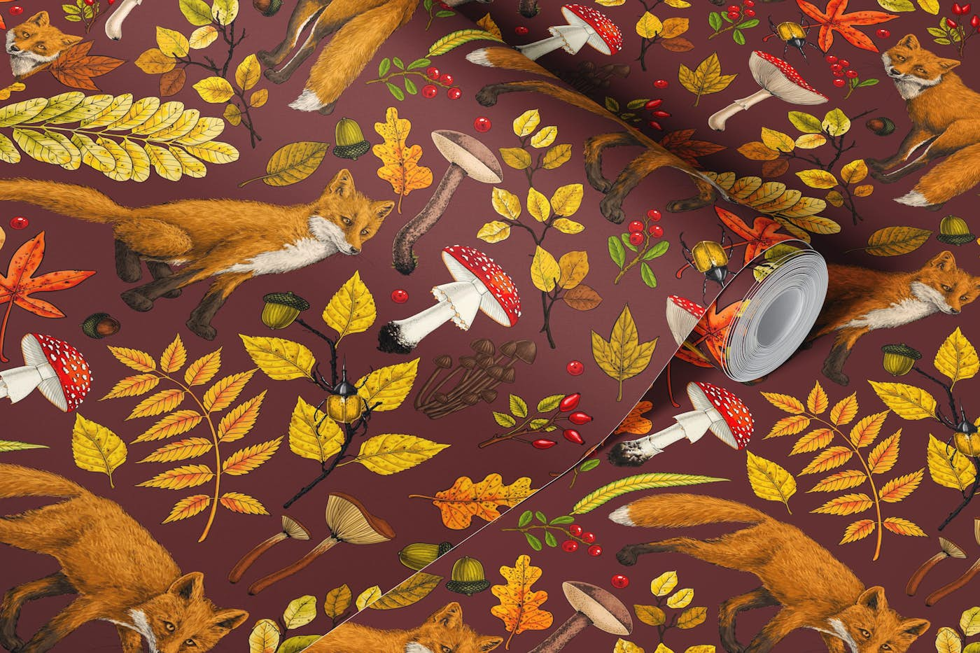 Autumn foxes on chocolate brown wallpaper roll