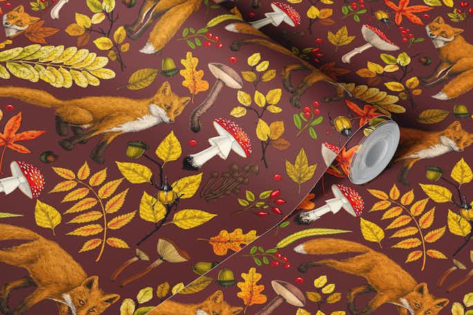 Autumn foxes on chocolate brownwallpaper roll